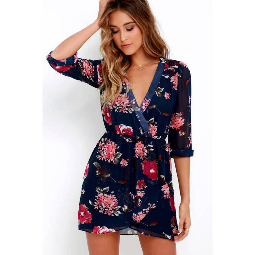 Lulus Pretty Pretender Navy Floral Print Dress Blue - Size S